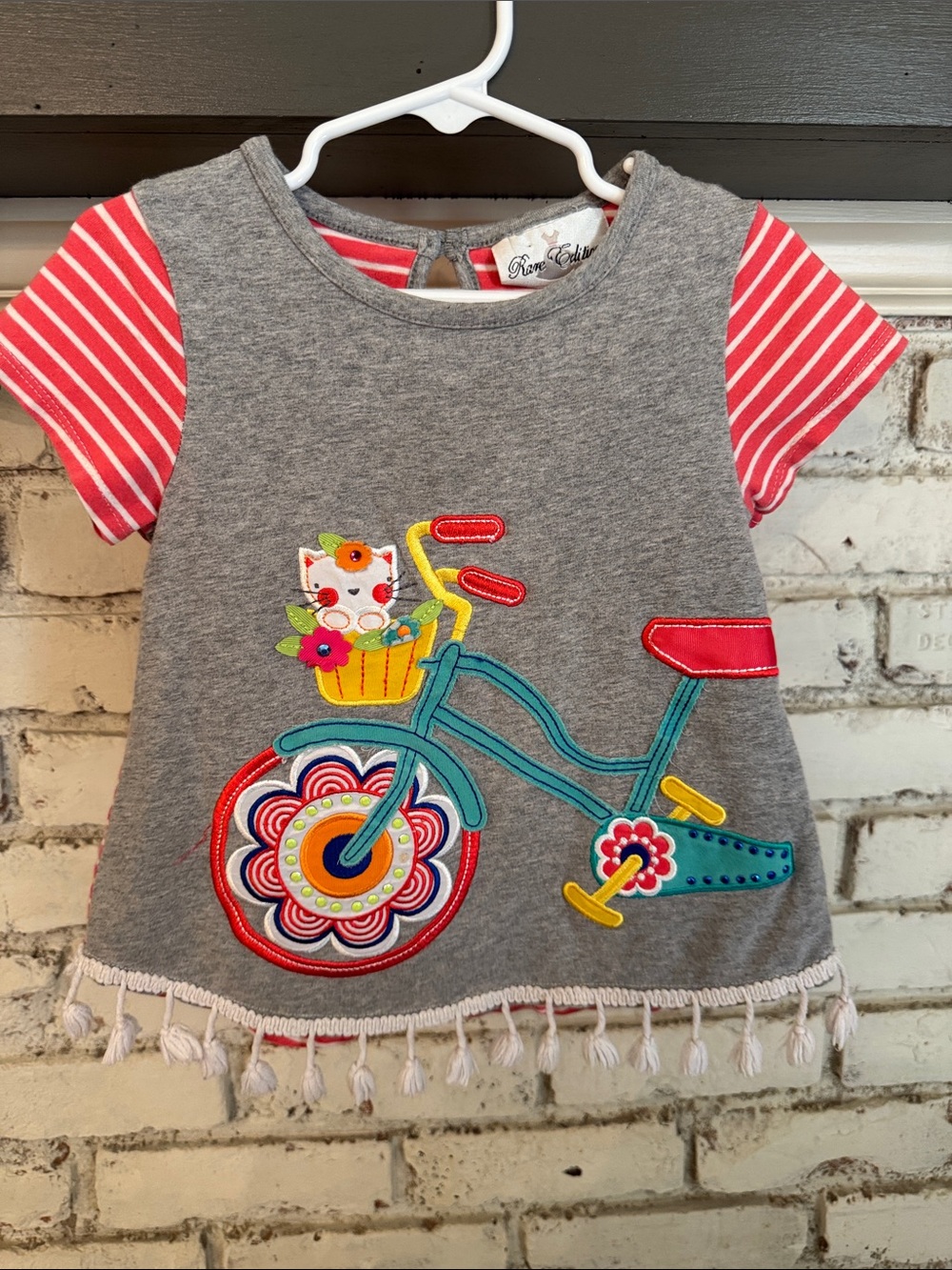 Rare Editions Grey Top with Pink Striped Sleeves & Colorful Bicycle Applique